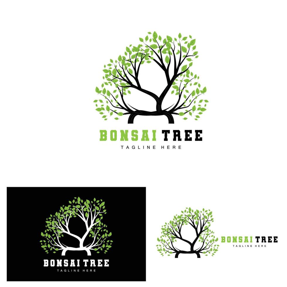 groen boom logo ontwerp, bonsai boom logo illustratie, blad en hout vector