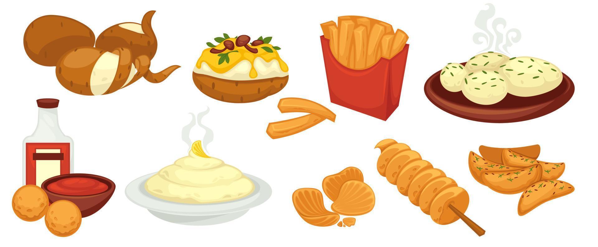 aardappel gerechten verscheidenheid, gebakken en gebakken lunches vector