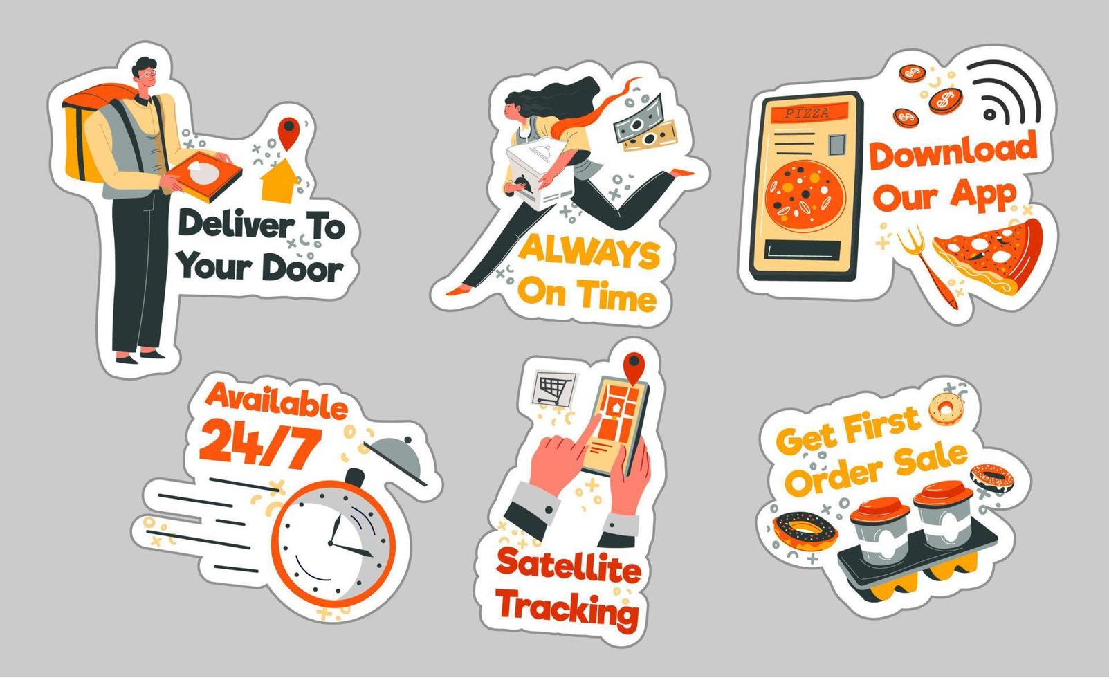 sticker ontwerp reeks met levering toepassing vector