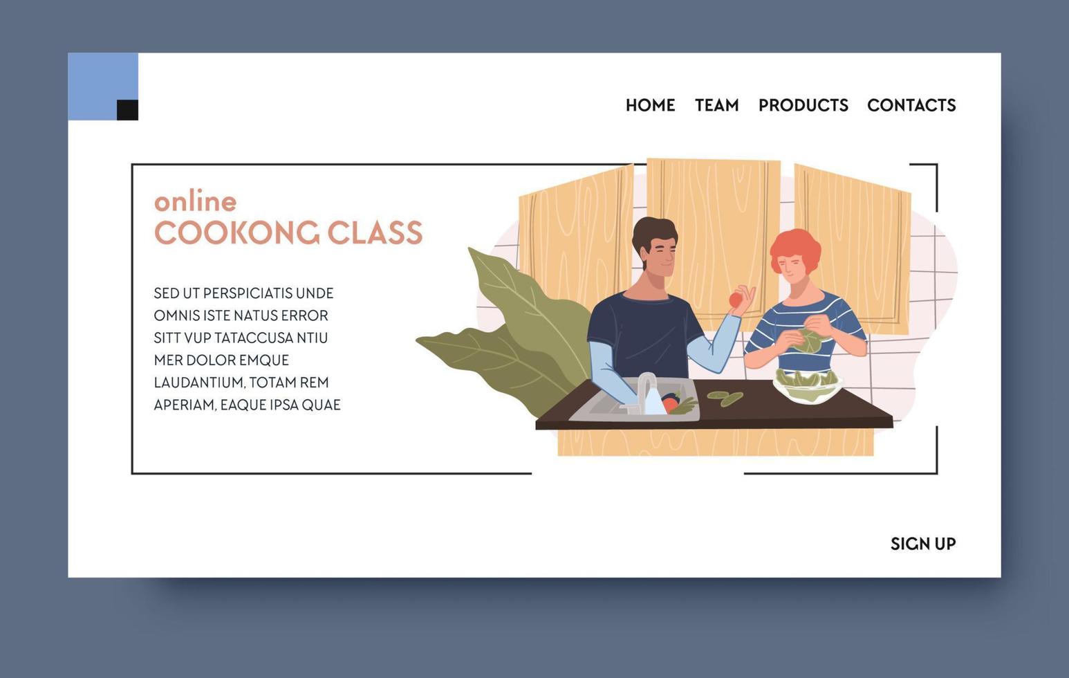 online Koken klassen, lessen met trucs en recepten. Mens en vrouw voorbereidingen treffen voedsel Bij huis keuken. nieuw hobby. website of web landen bladzijde sjabloon met navigatie toetsen. vector in vlak stijl