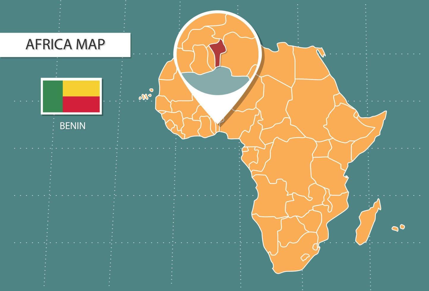 Benin kaart in Afrika zoom versie, pictogrammen tonen Benin plaats en vlaggen. vector