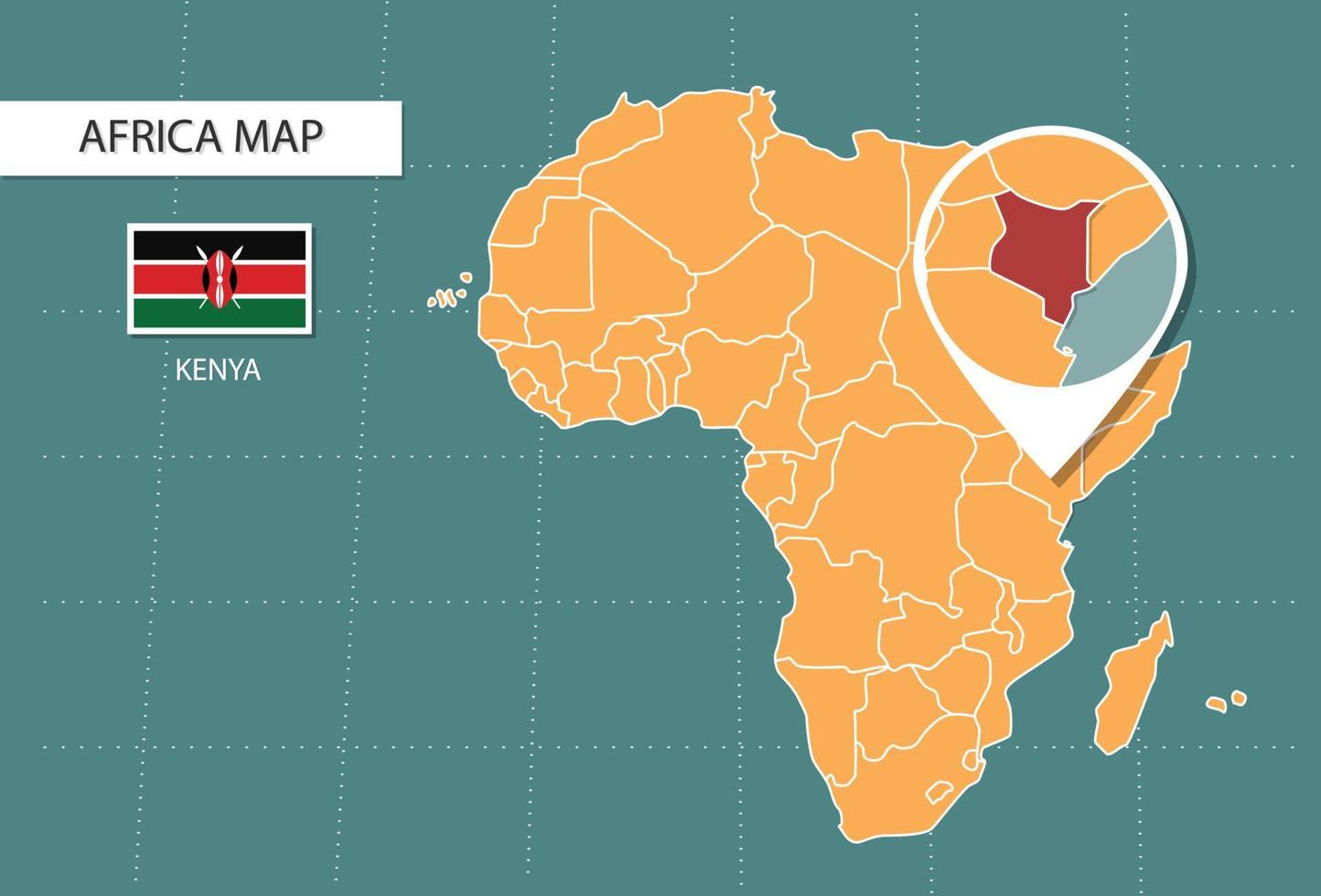 Kenia kaart in Afrika zoom versie, pictogrammen tonen Kenia plaats en vlaggen. vector