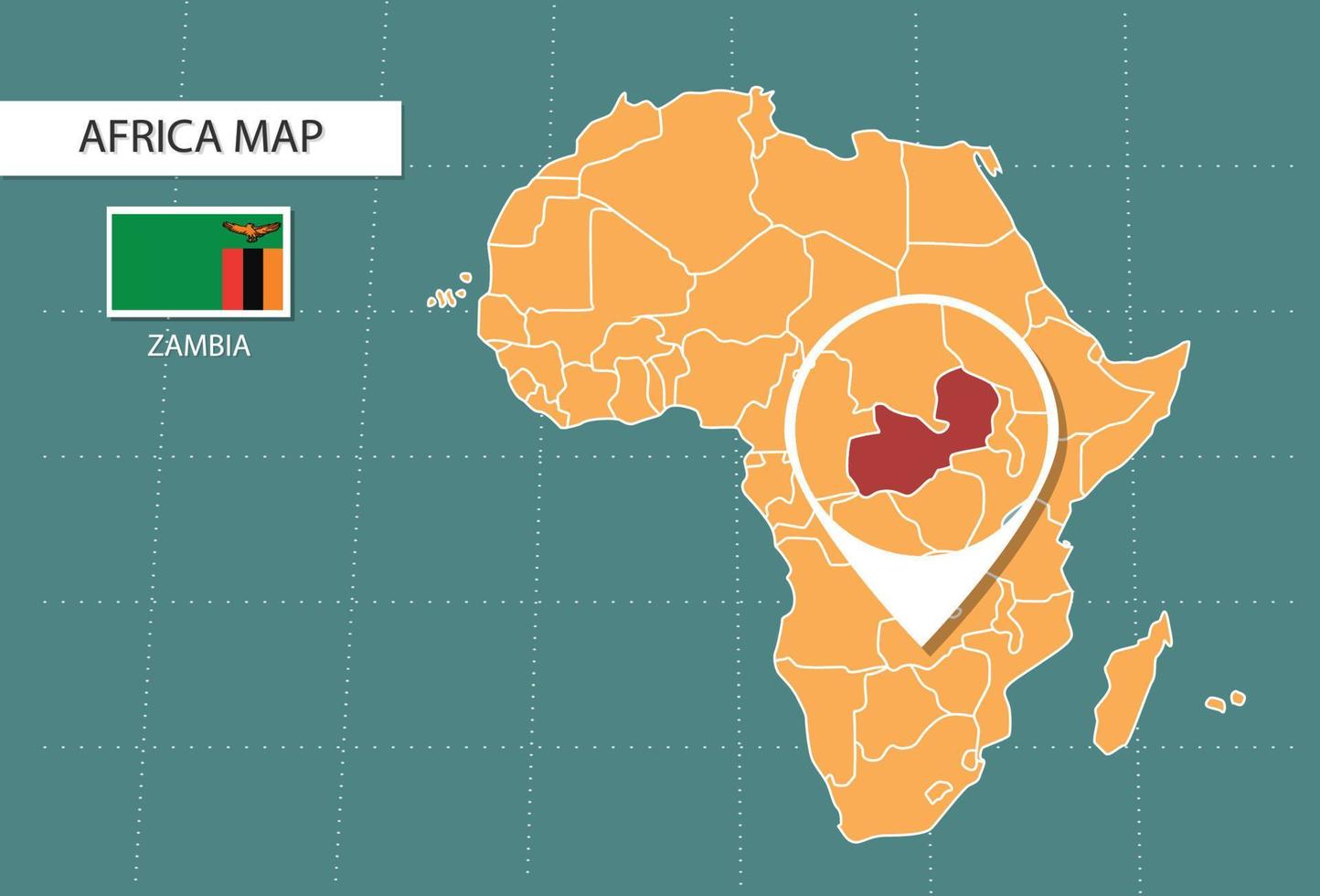 Zambia kaart in Afrika zoom versie, pictogrammen tonen Zambia plaats en vlaggen. vector