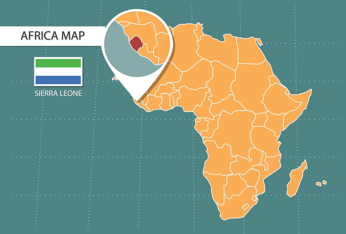 Sierra Leone kaart in Afrika zoom versie, pictogrammen tonen Sierra Leone plaats en vlaggen. vector