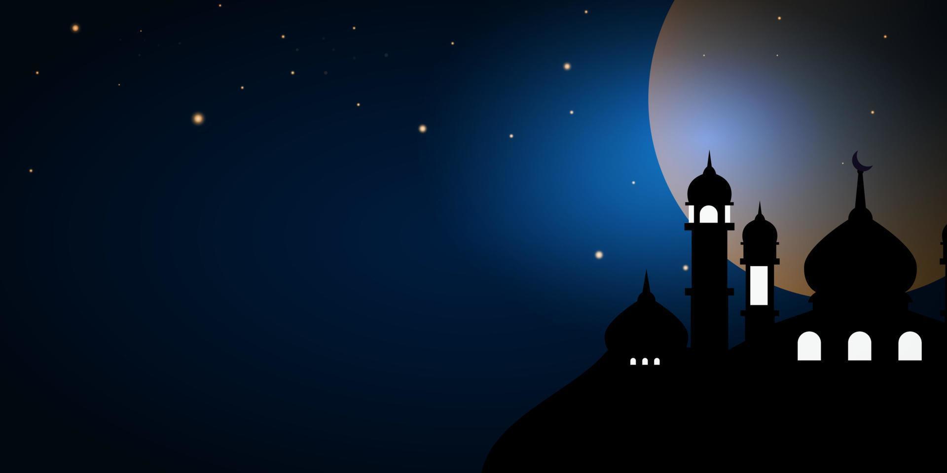 moskee achtergrond Bij nacht met vol maan. geschikt voor affiches, spandoeken, campagnes en groet kaarten voor Islamitisch vakantie met kopiëren ruimte voor uw tekst. vector
