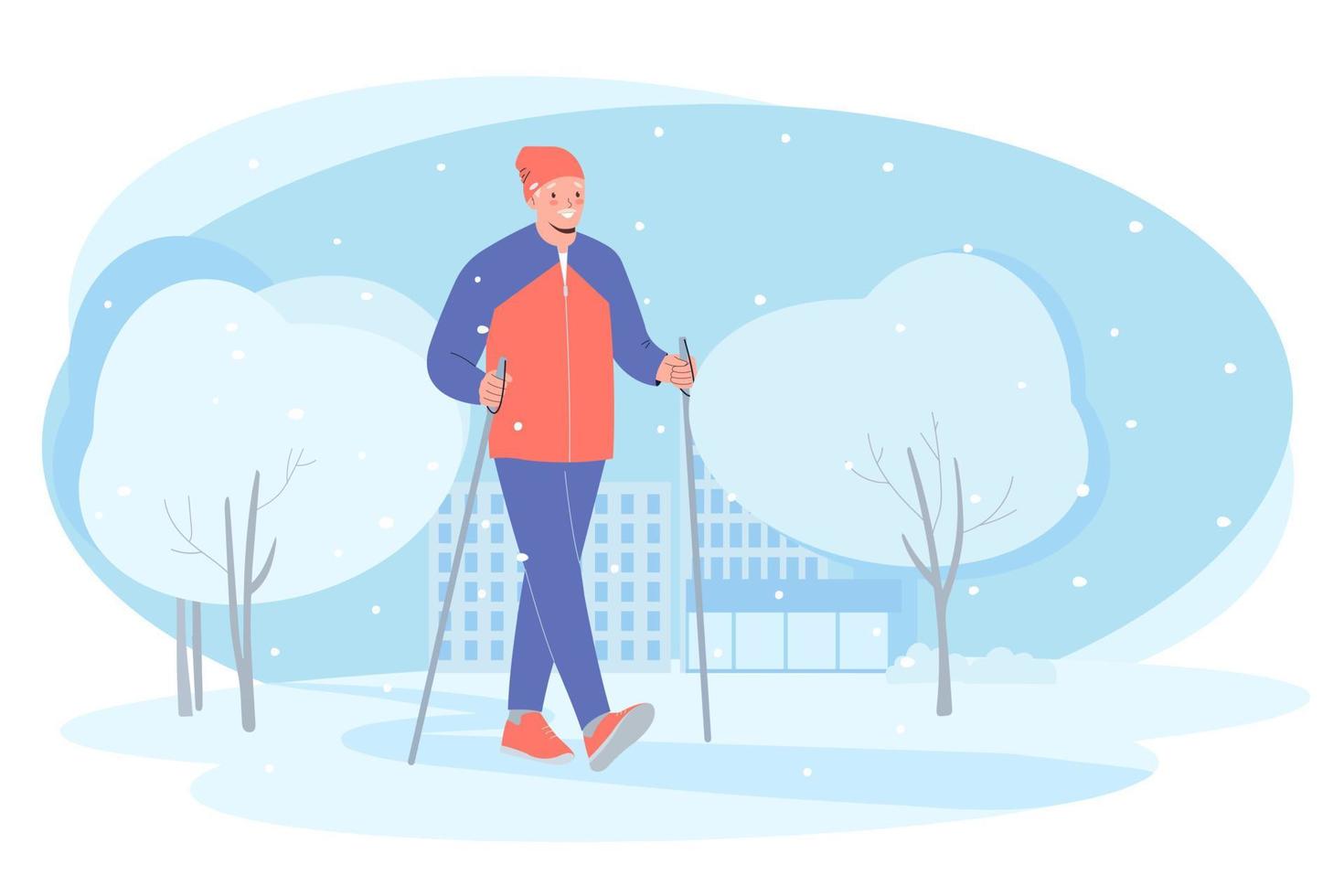 senior ouderen Mens opleiding nordic wandelen met ski trekking polen in winter park. actief rust uit buitenshuis. concept van actief gezond levensstijl van senioren vector