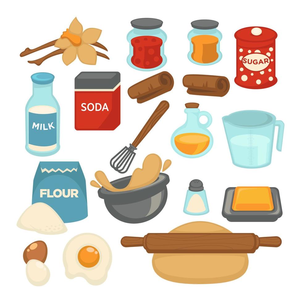 Koken en bakken ingrediënten, meel en eieren vector
