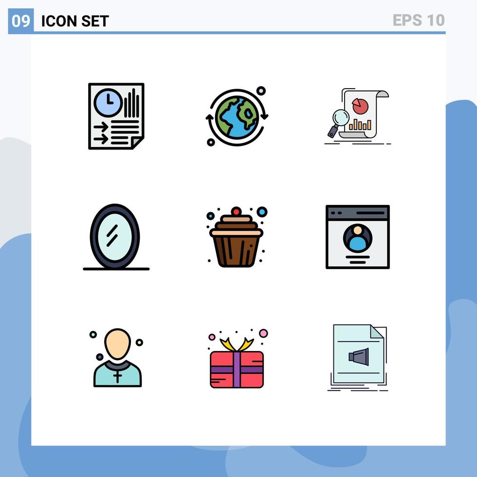 pak van 9 modern gevulde lijn vlak kleuren tekens en symbolen voor web afdrukken media zo net zo kop koekje analyse spiegel Onderzoek bewerkbare vector ontwerp elementen