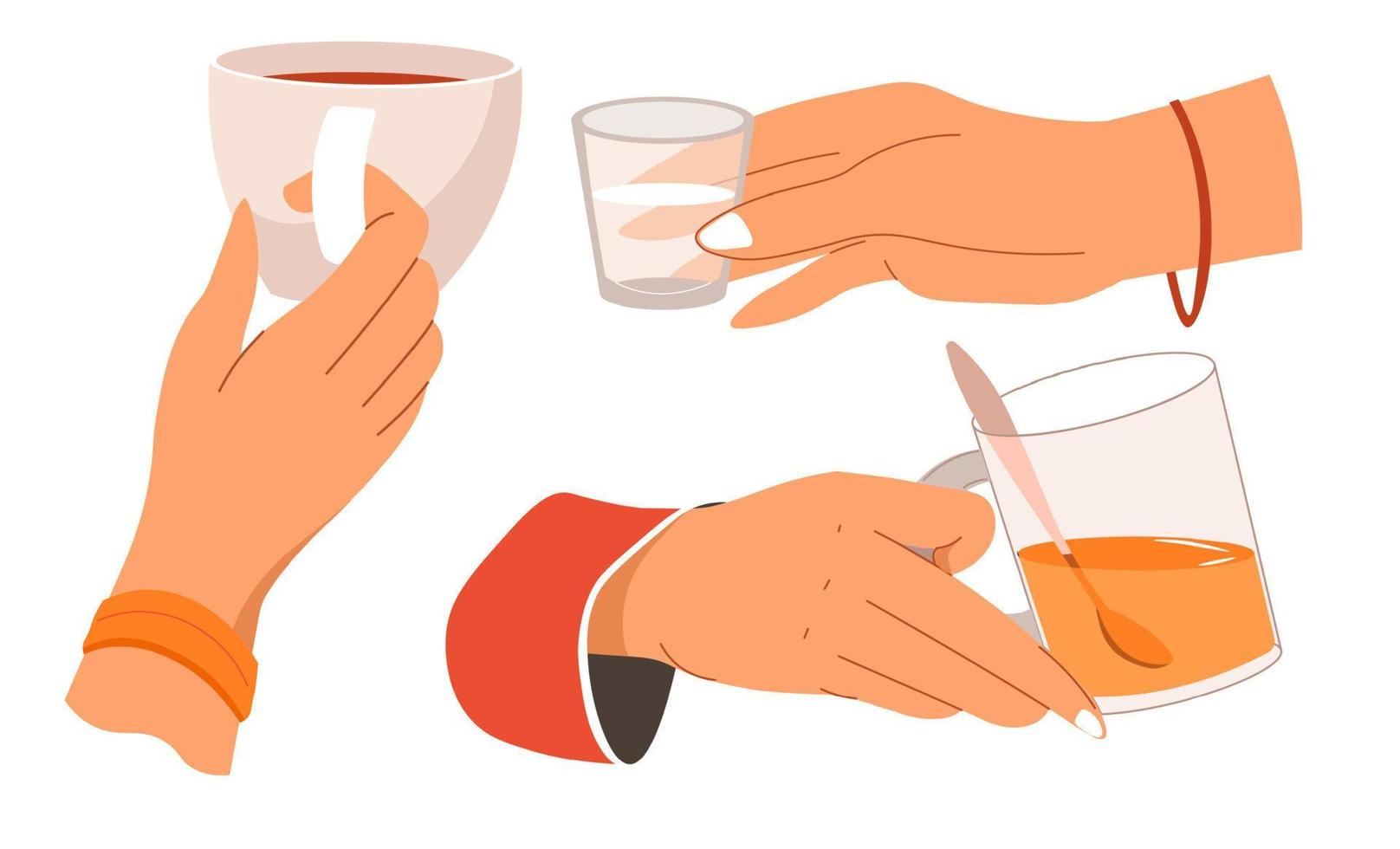 hand- Holding glas van water thee en sap vector