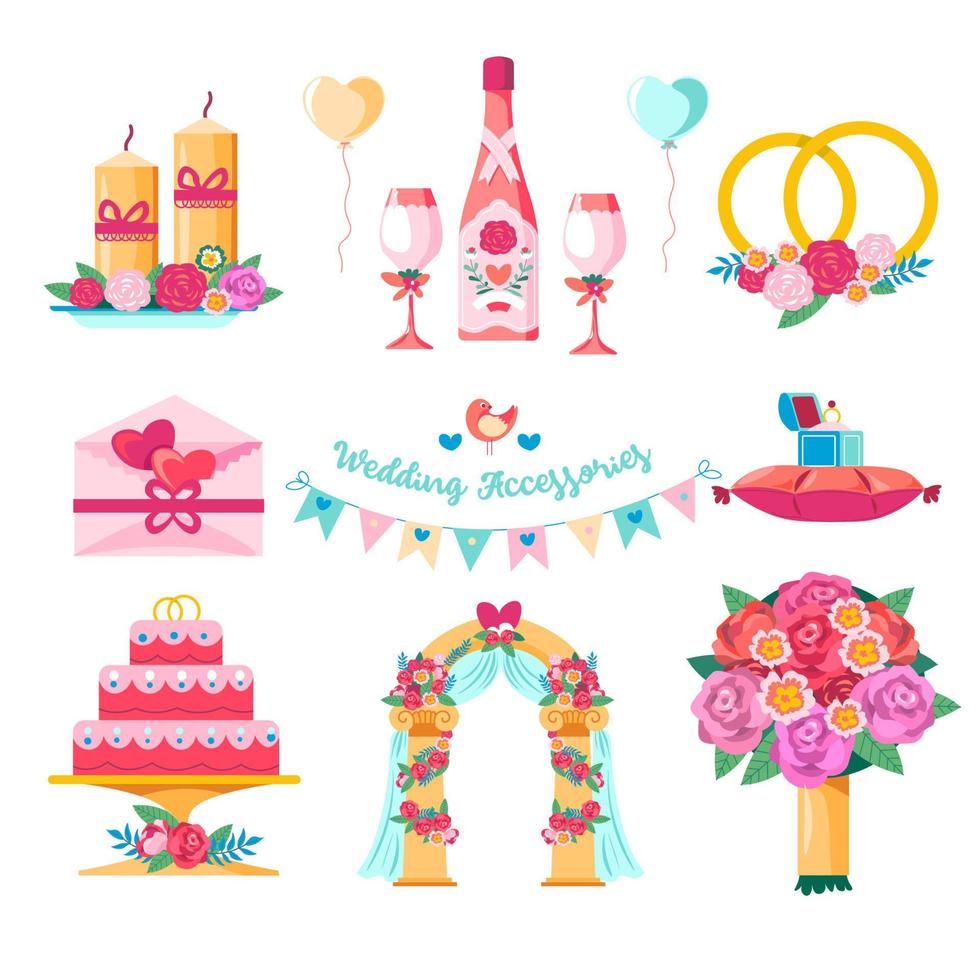 bruiloft accessoires en bloemisten composities vector