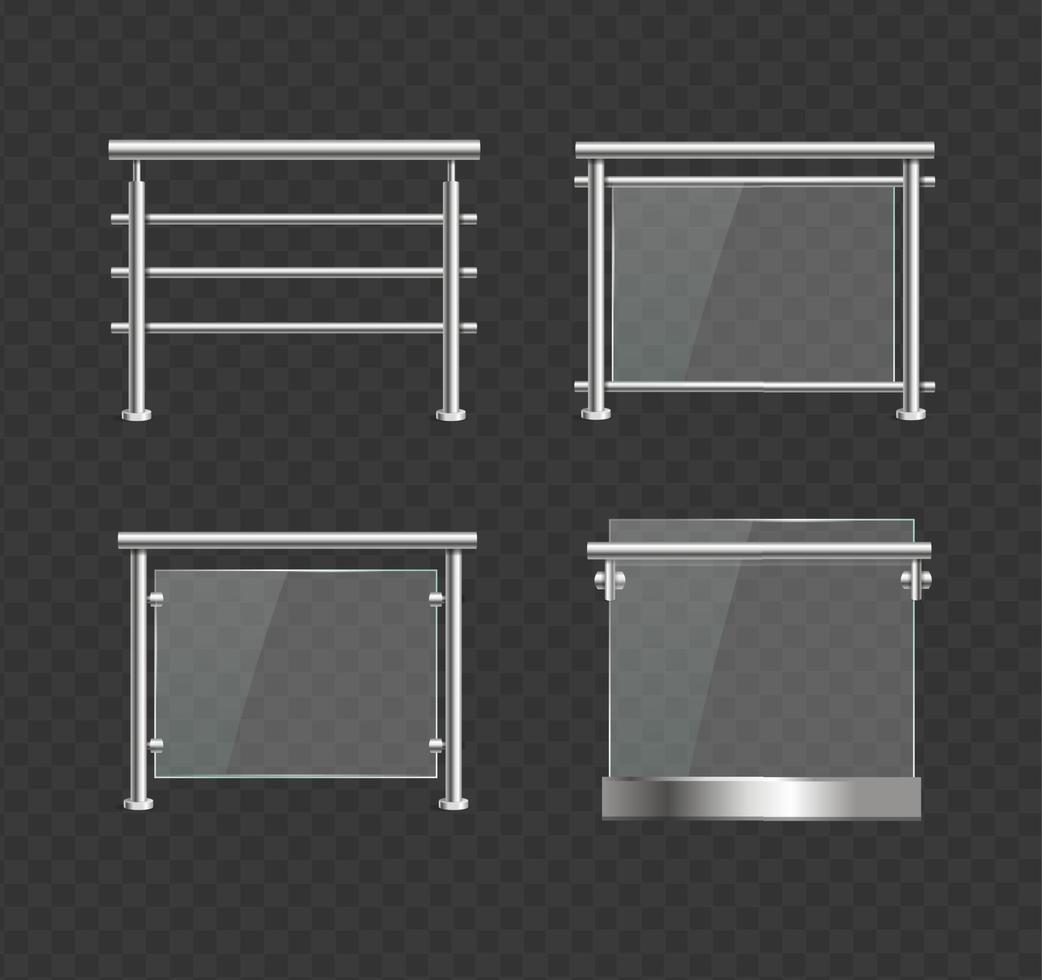 realistisch gedetailleerd 3d glas balustrade met metaal leuningen set. vector