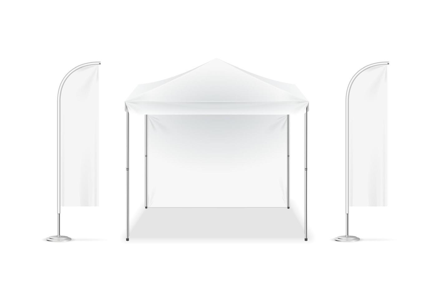 realistisch gedetailleerd 3d wit blanco adv strand tent vlag sjabloon mockup set. vector