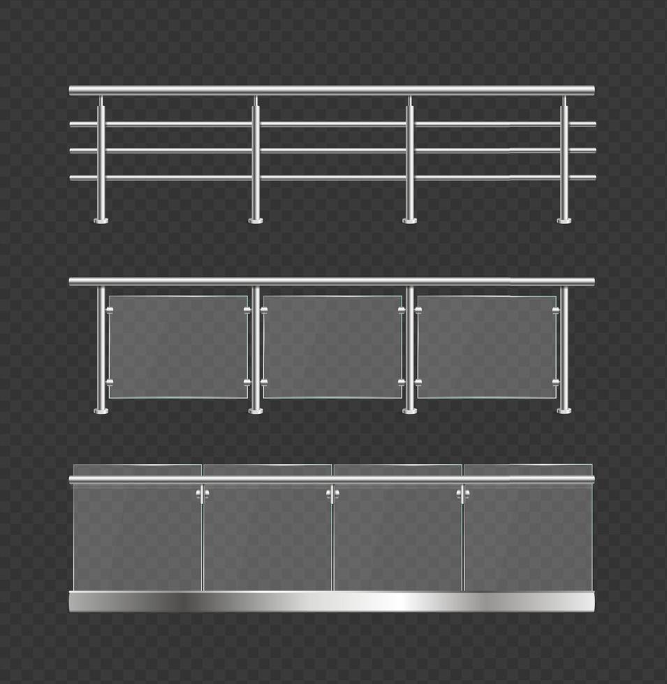 realistisch gedetailleerd 3d glas balustrade met metaal leuningen set. vector