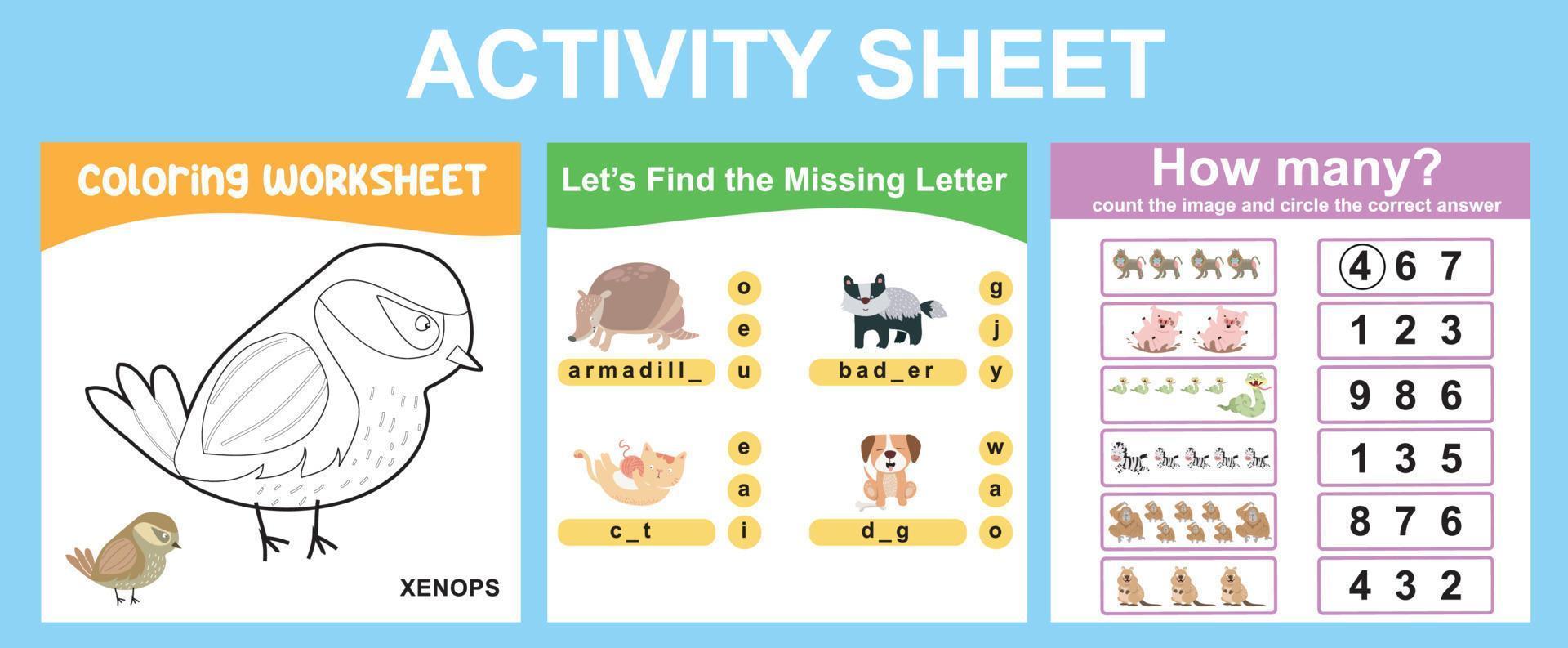 leerzaam afdrukbare werkblad. werkzaamheid vel voor kinderen met dier thema. kleur vel, vind de missend brief, tellen hoe veel werkblad. vector het dossier.