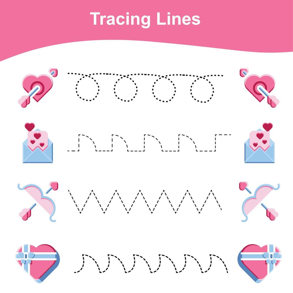 traceren lijnen spel Valentijn editie. leerzaam werkblad. werkblad werkzaamheid voor peuter- kinderen. peuter- onderwijs. vector illustratie.