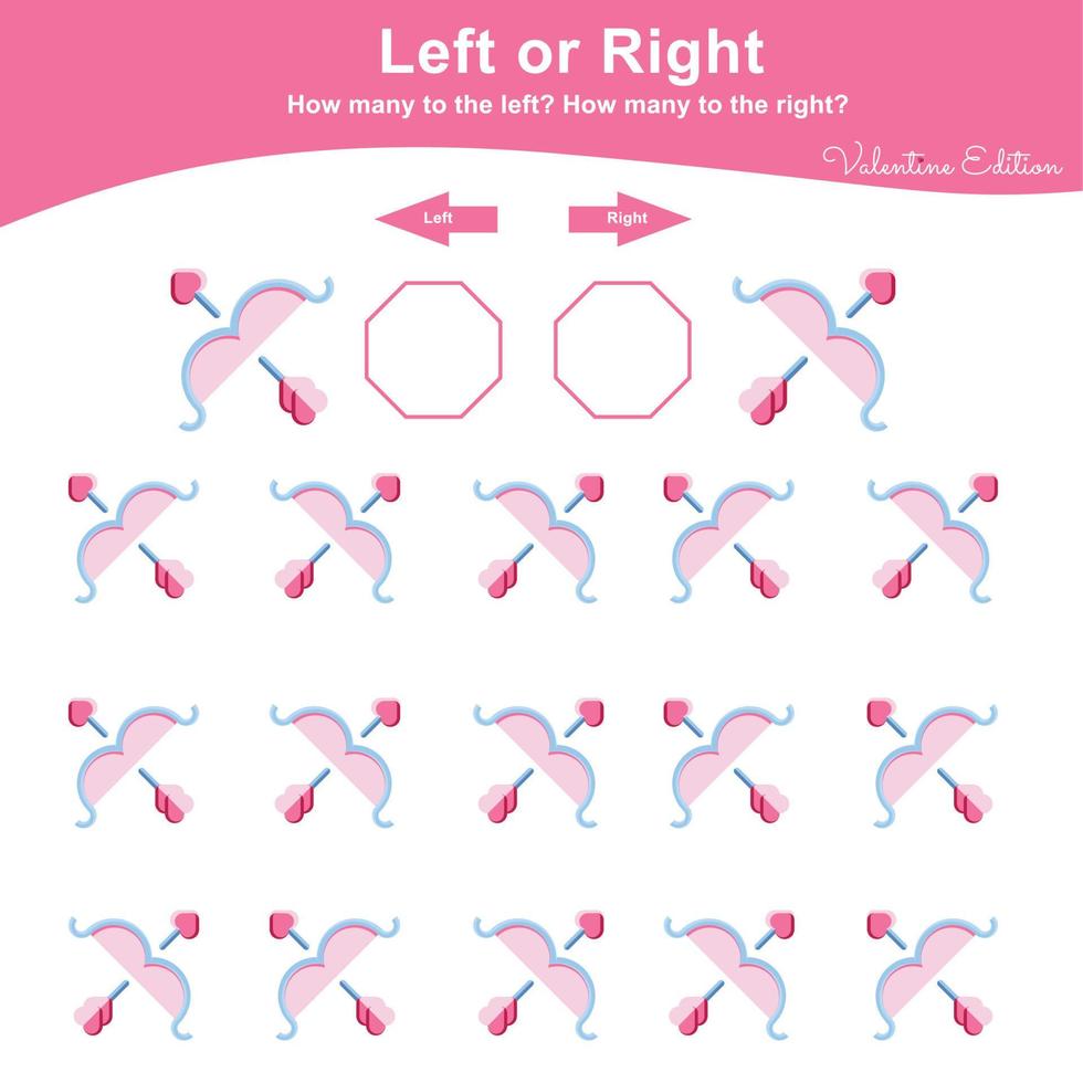 links of Rechtsaf spel voor peuter- kinderen. Valentijn werkblad werkzaamheid voor kinderen. onderwijs wiskunde afdrukbare werkblad naar tellen hoe veel zijn links en Rechtsaf. vector illustratie.