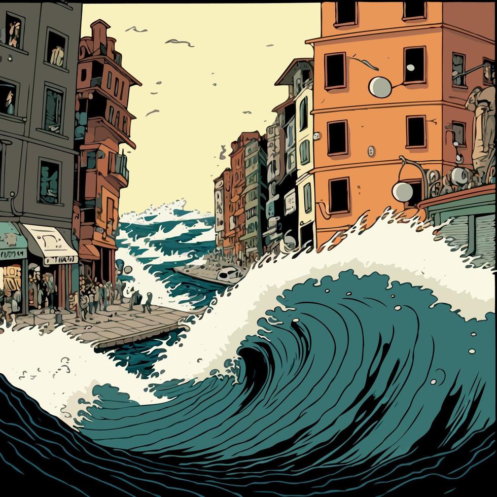 reusachtig marinier tsunami vernietigen een stad vector