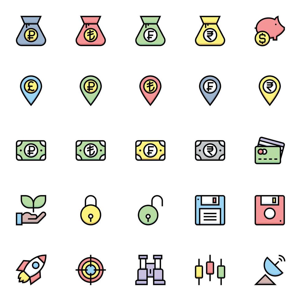 gevulde kleur schets pictogrammen voor bedrijf en financieel. vector