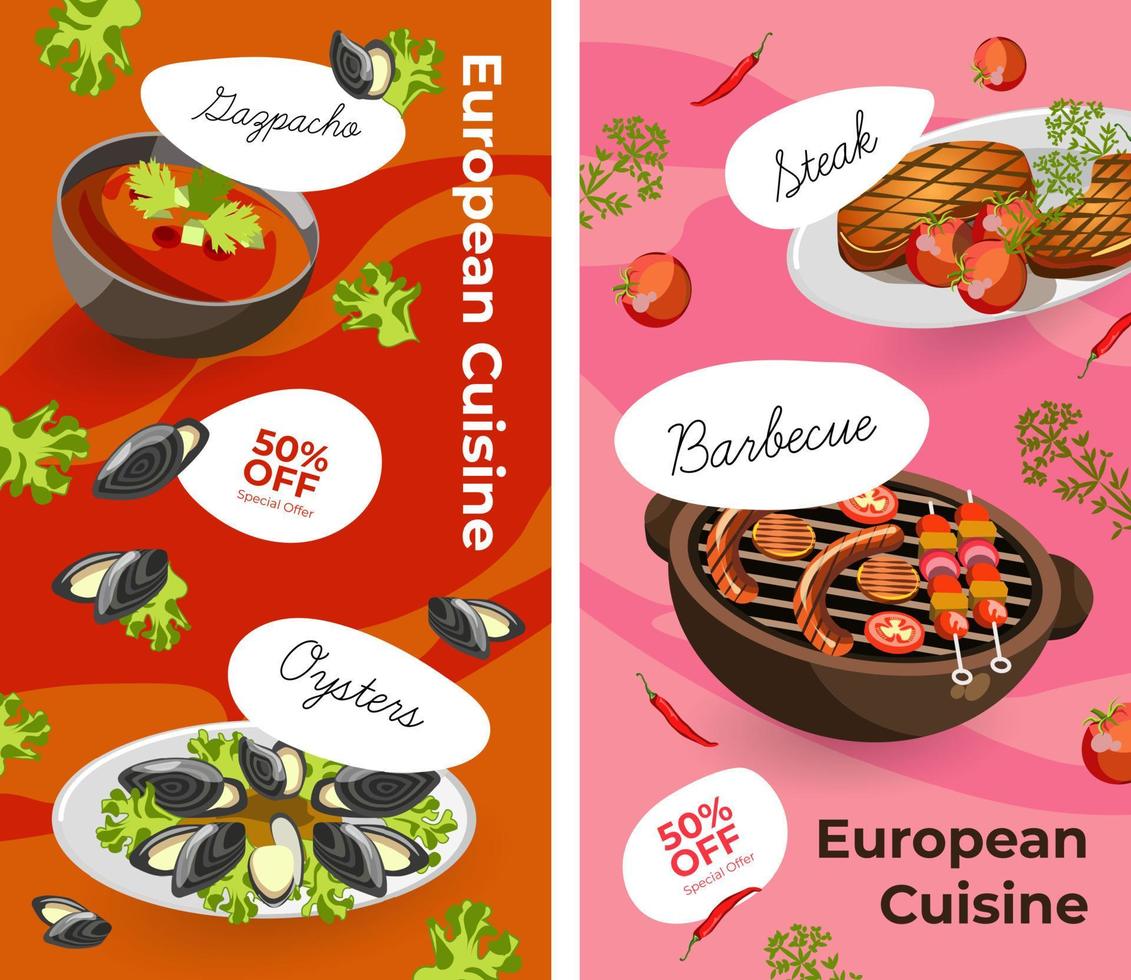 Europese keuken, menu met Promotie en verkoop vector