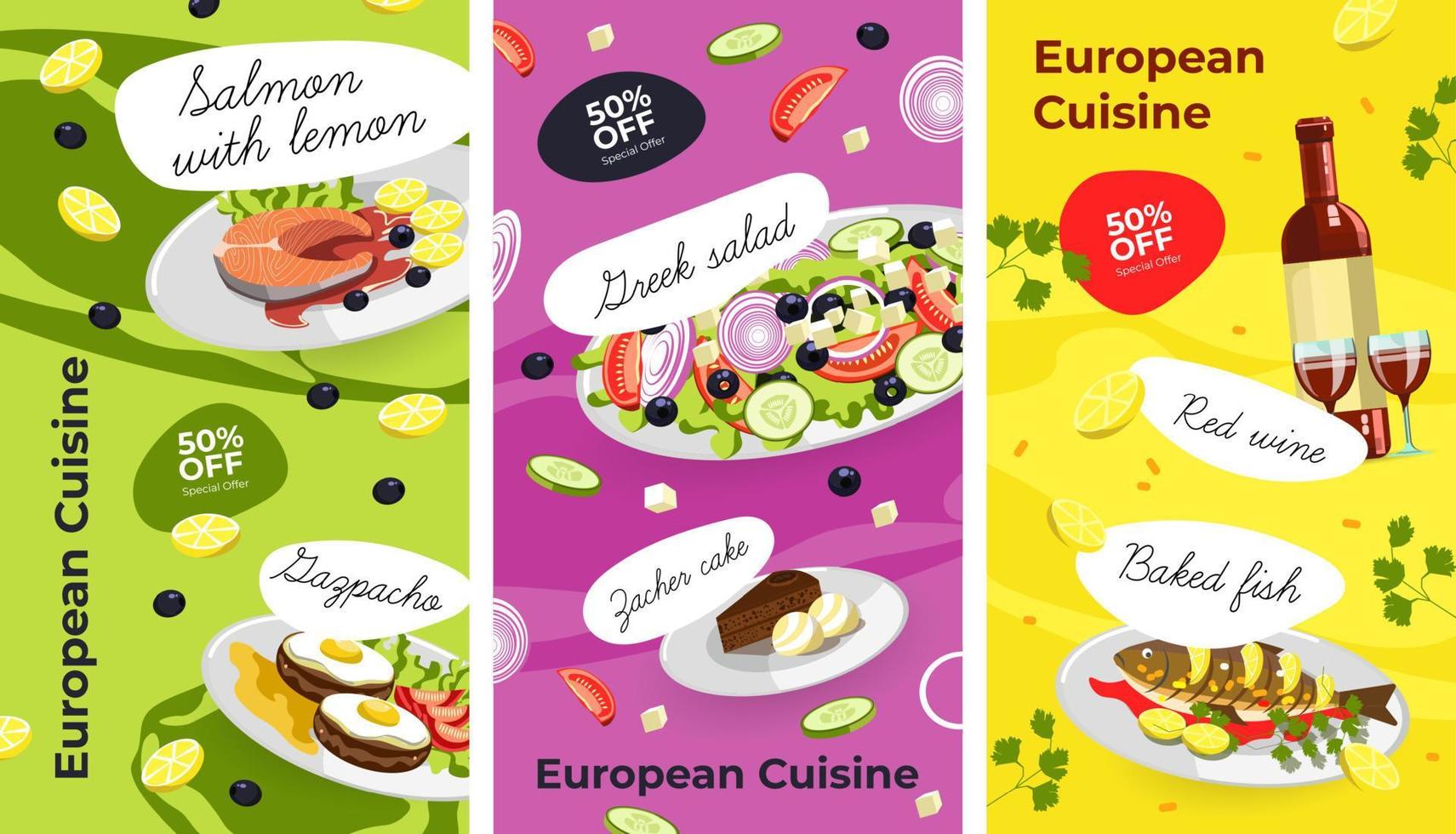 Europese keuken, menu met gerechten en kortingen vector