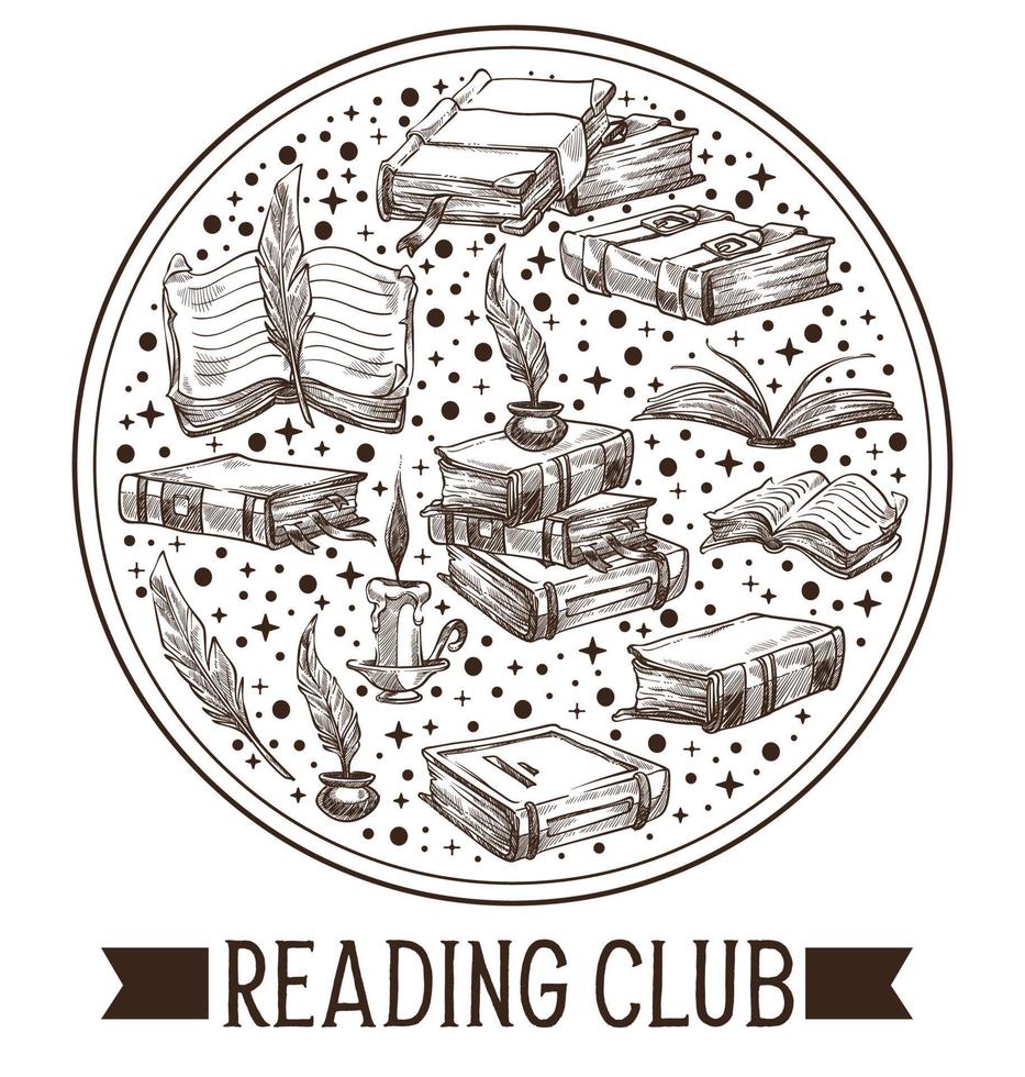 lezing club, boeken en wijnoogst inkt veer embleem vector