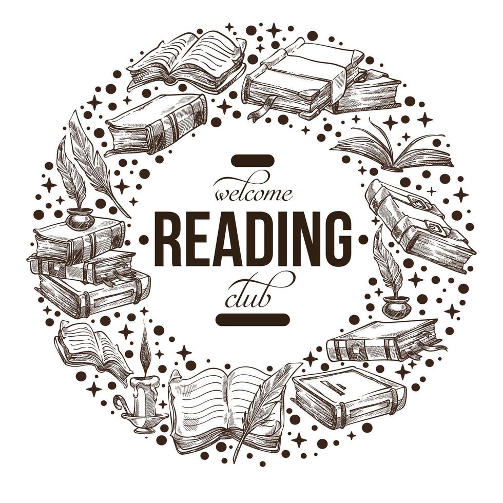 lezing club, wijnoogst embleem of etiket met boeken vector