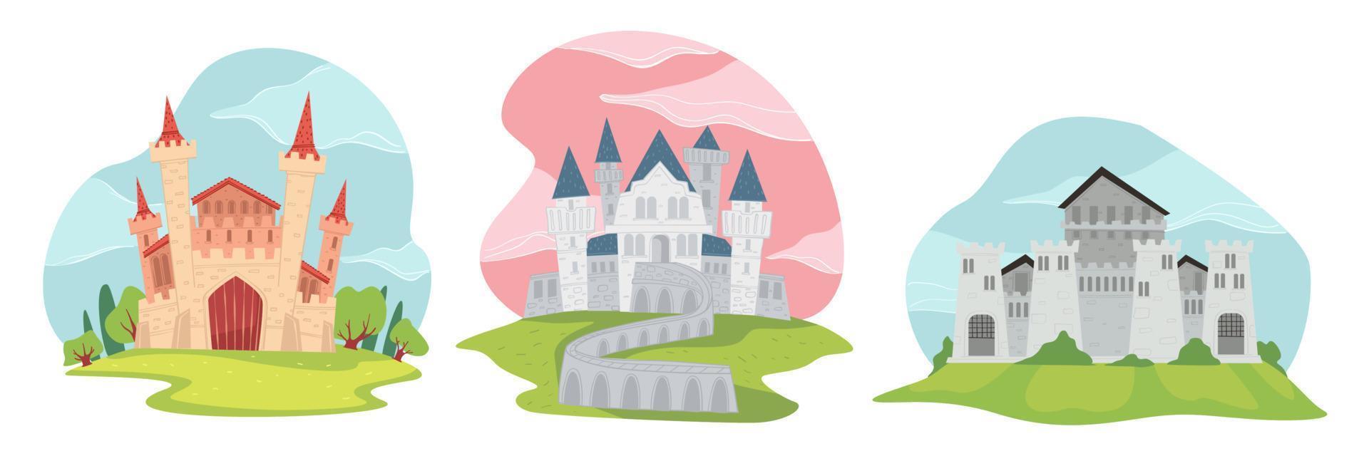 fantasie kasteel met middeleeuws architectuur buitenkant vector