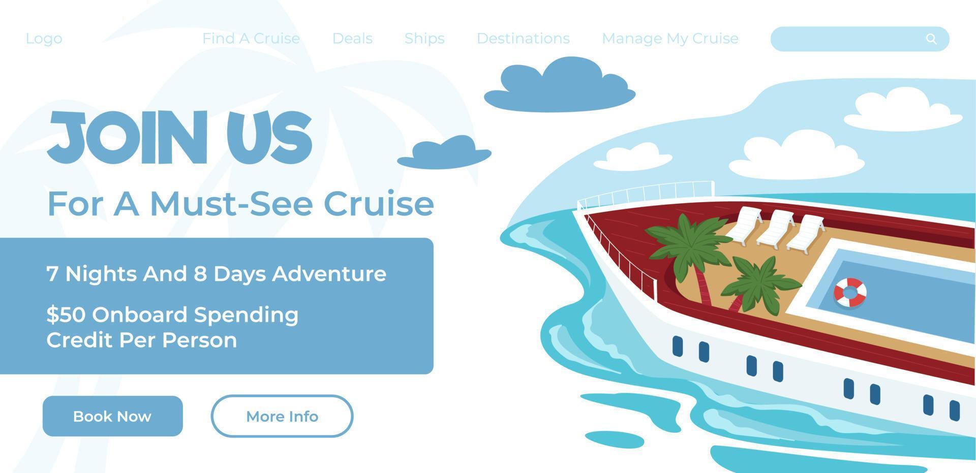 toetreden ons voor moet zien cruise, website online bladzijde vector