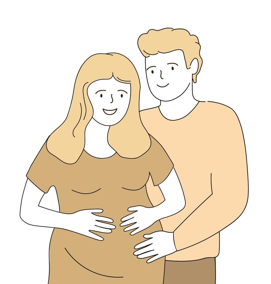 een gelukkig paar is ervan uitgaand een baby. een zwanger vrouw is omhelsd door haar echtgenoot. vector kunst lijn grafiek.