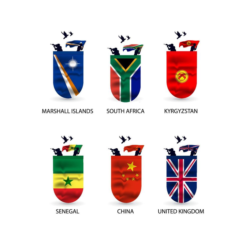 vlaggen verzameling van maarschalk eilanden, zuiden Afrika, Kirgizië, Senegal, China, Verenigde koninkrijk vector