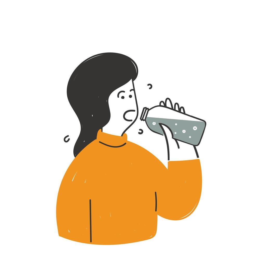 hand- getrokken tekening persoon drinken van een water fles illustratie vector