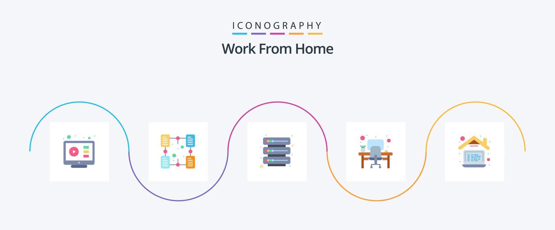 werk van huis vlak 5 icoon pak inclusief computer. werken Oppervlakte. map. werk rek. server vector