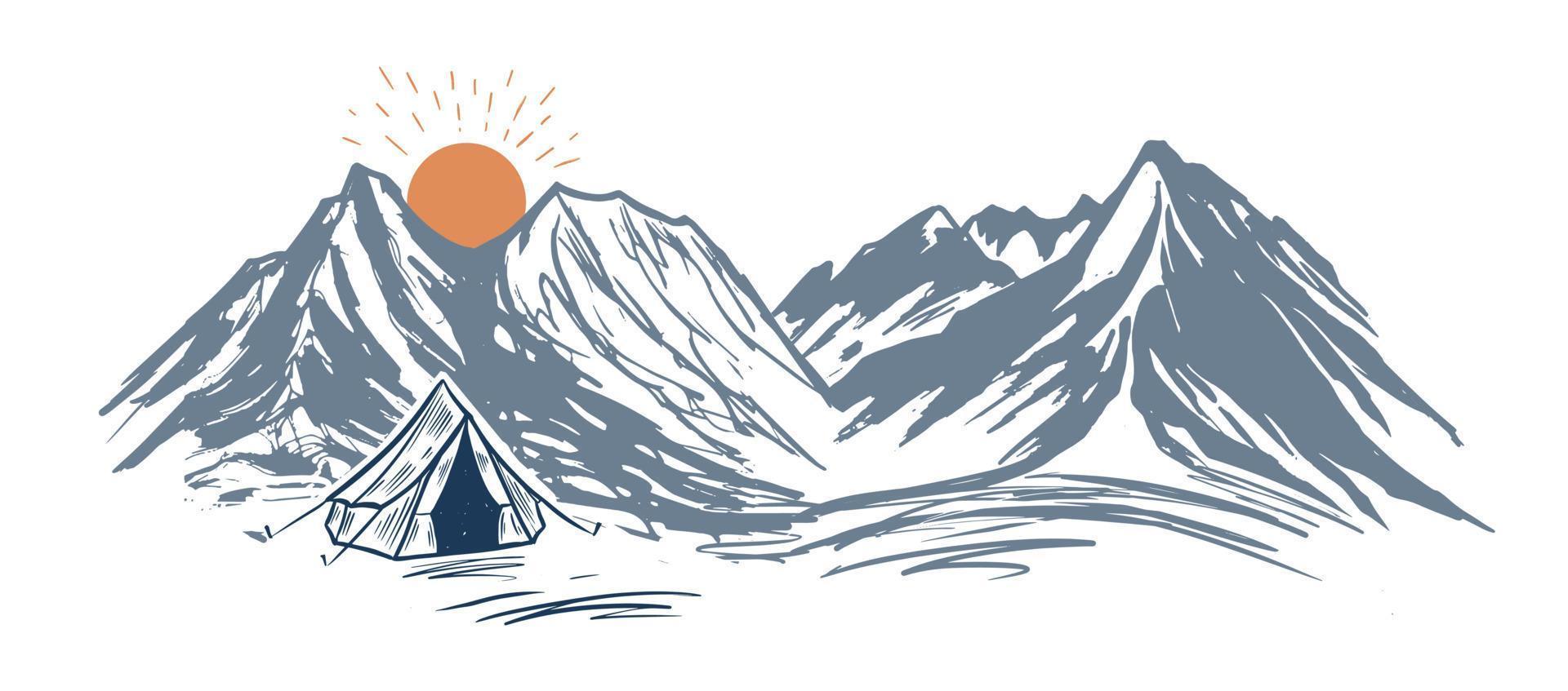 berg landschap, camping in natuur, schetsen stijl, vector illustraties.