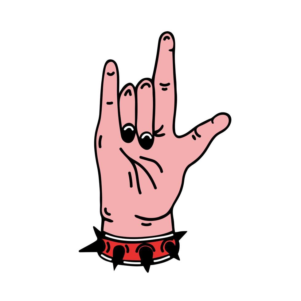 rots hand- teken. gemakkelijk vector icoon. arm met geschilderd nagels, bezaaid armband. tekening geïsoleerd Aan wit. zwaar metaal muziek- gebaar. rots en rollen, punk, hardstyle. tekenfilm clip art voor kaarten, posters