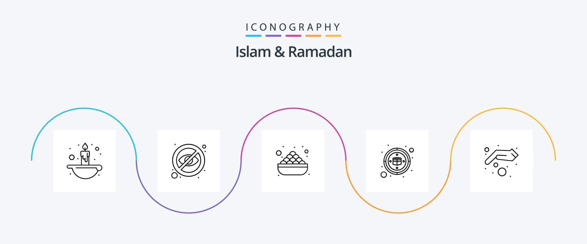 Islam en Ramadan lijn 5 icoon pak inclusief liefdadigheid. qibla. schaal. ka'aba. datums vector