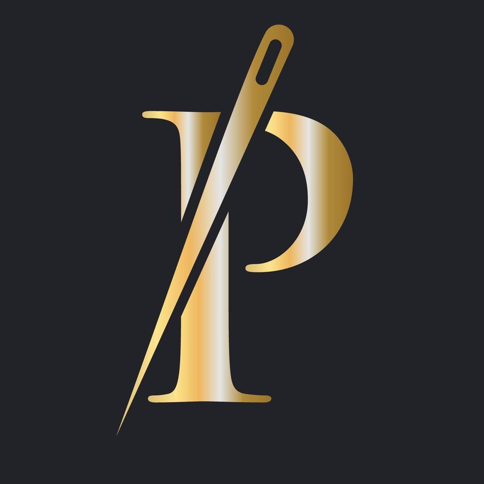 eerste brief p kleermaker logo, naald- en draad combinatie voor borduren, textiel, mode, lap, kleding stof, gouden kleur sjabloon vector