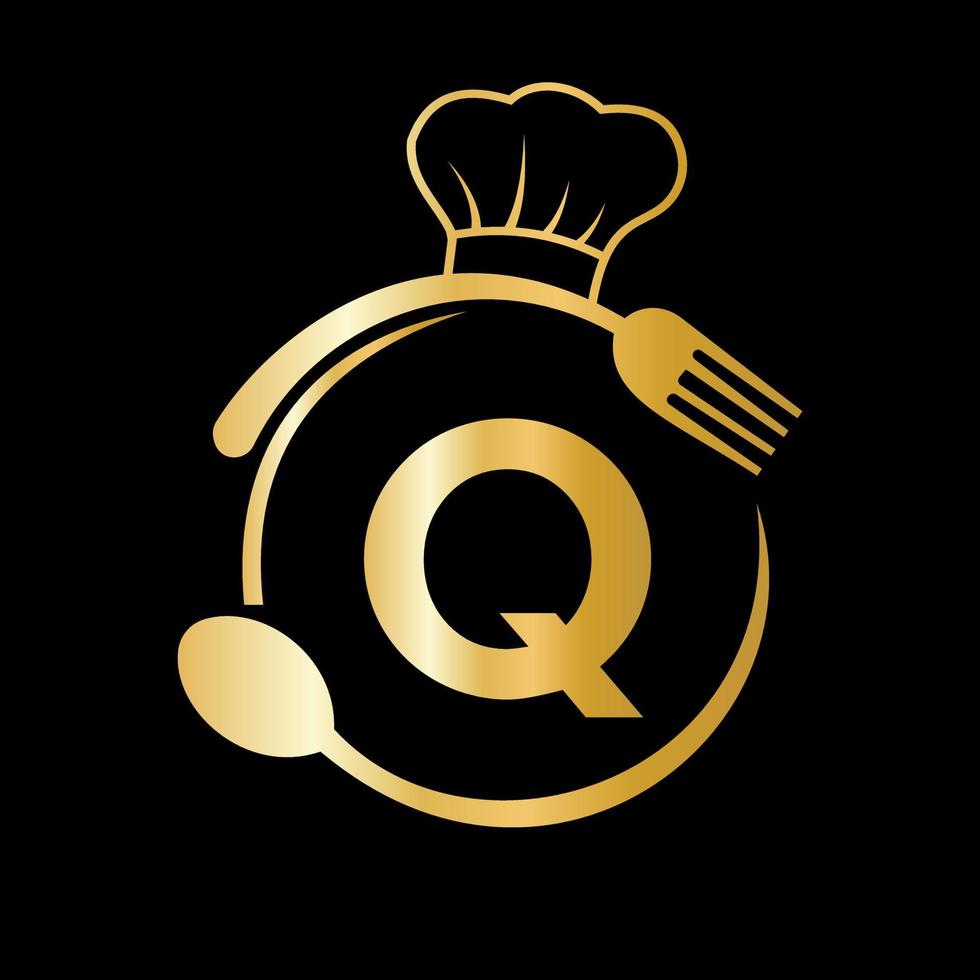 restaurant logo Aan brief q met chef hoed, lepel en vork symbool voor keuken teken, cafe icoon, restaurant, Koken bedrijf vector