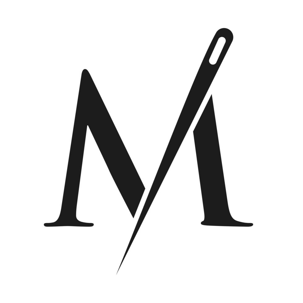 eerste brief m kleermaker logo, naald- en draad combinatie voor borduren, textiel, mode, lap, kleding stof, gouden kleur sjabloon vector