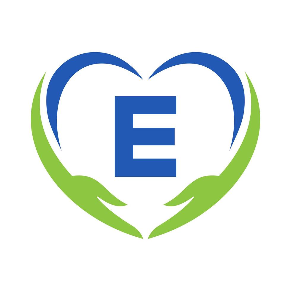 hand- zorg logo Aan brief e. liefdadigheid logo, gezondheidszorg zorg, fundament met hand- symbool vector