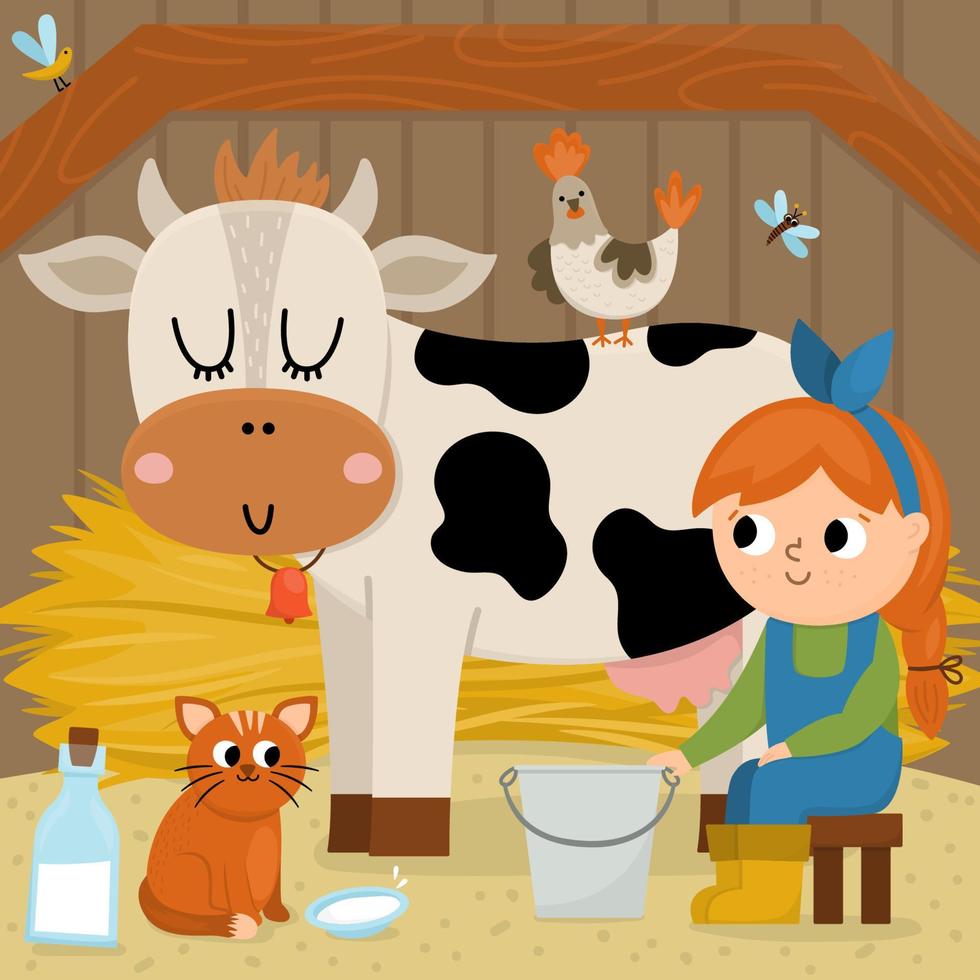 vector tafereel met melkmeisje. boer meisje melken koe. schattig kind aan het doen agrarisch werk. landelijk land landschap. kind met schattig dier. grappig boerderij tekenfilm meisje illustratie met schuur achtergrond