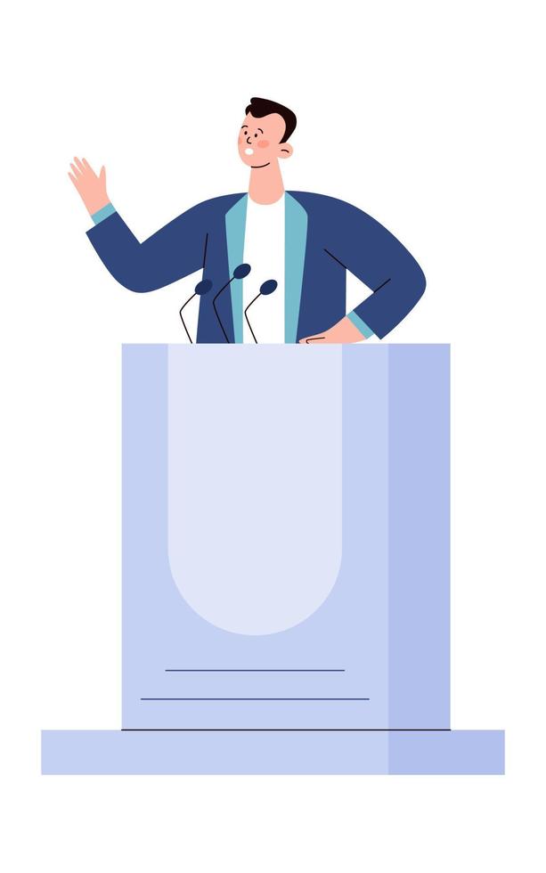 Mens spreker spreekt achter podium met microfoon. presidentieel verkiezing, stemmen, openbaar toespraak, conferentie, presentatie van tribune. vlak vector illustratie.