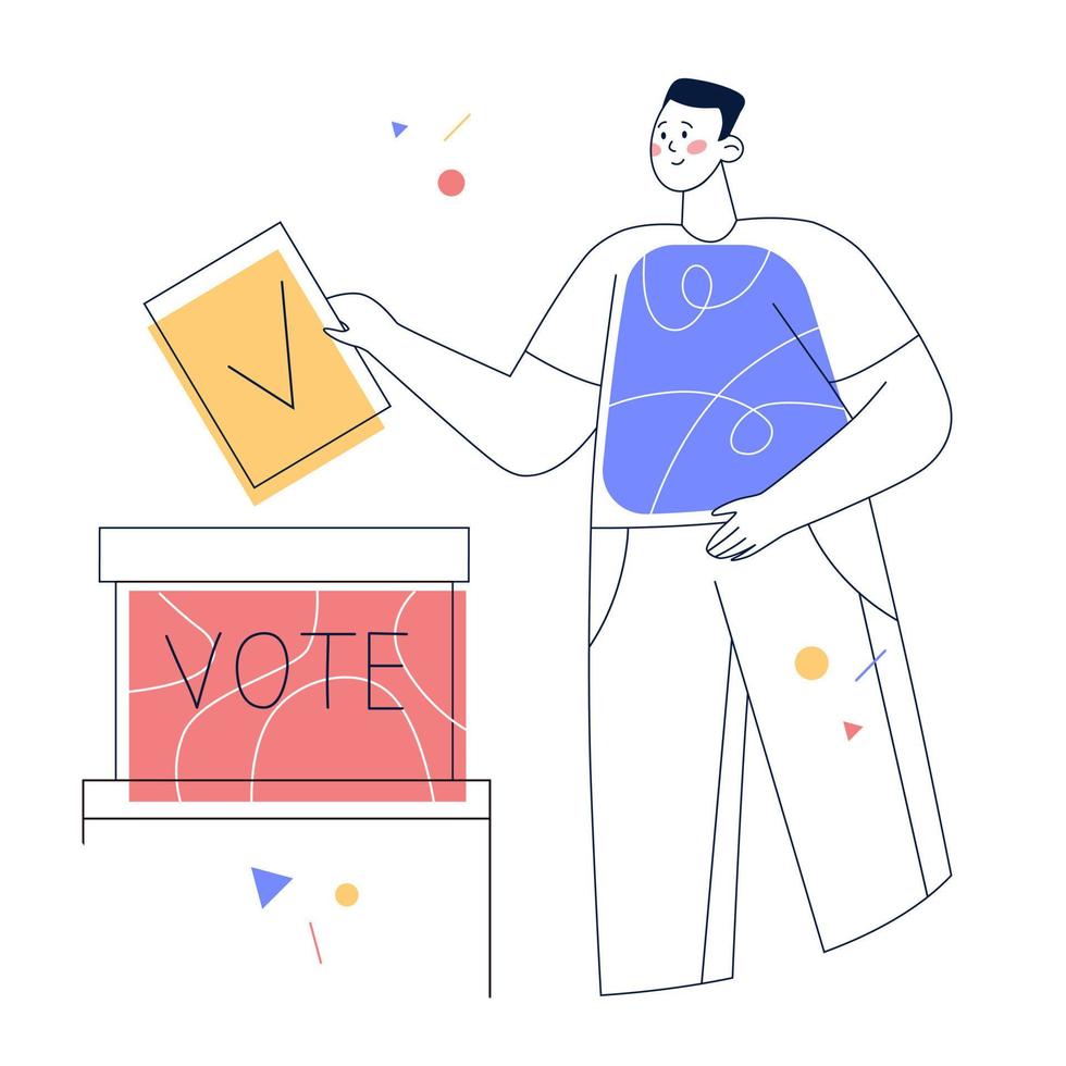 Mens zetten stemmen papier in stemming doos. concept van verkiezing, stemmen, democratisch en politiek. schets, lijn kunst vector. vector