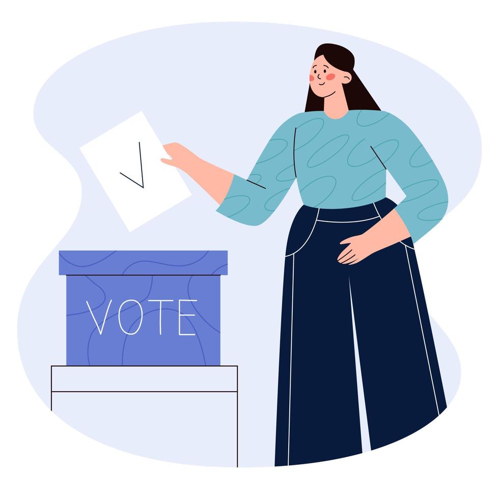 vrouw zetten stemmen papier in stemming doos. concept van verkiezing, stemmen, democratisch en politiek. vlak vector illustratie.