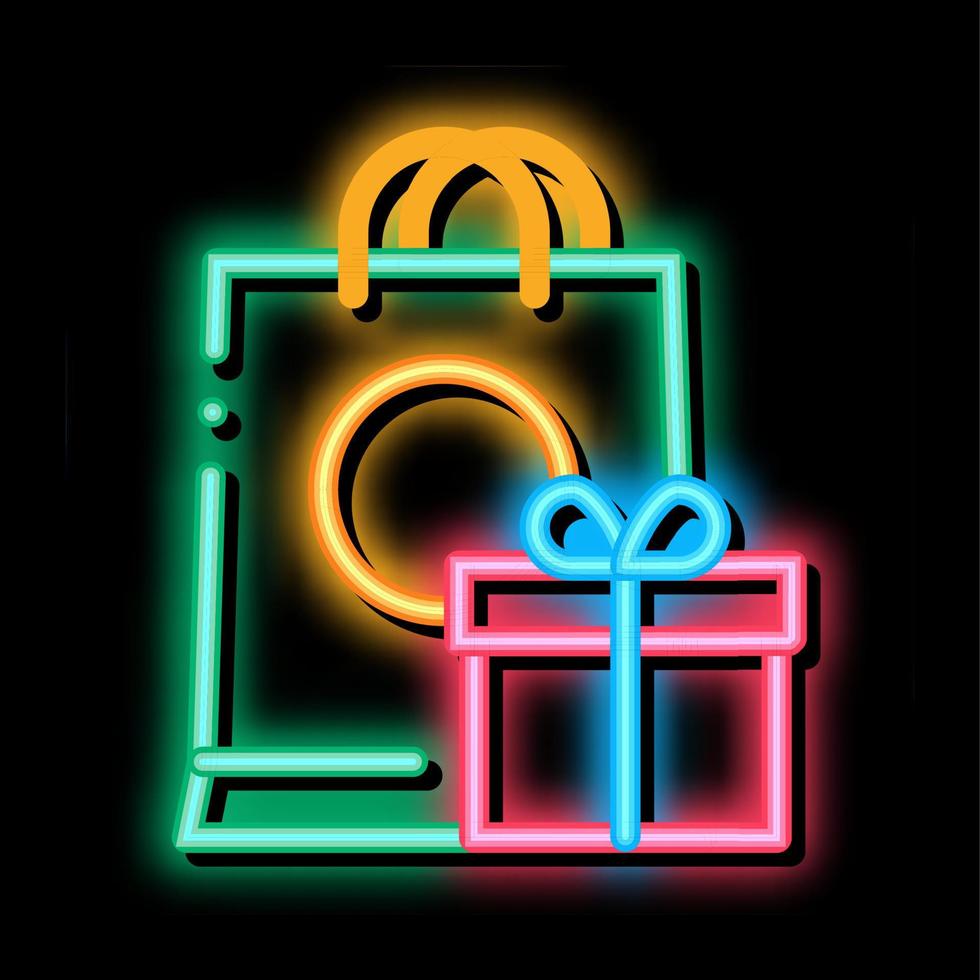 boodschappen doen zak met geschenk binnen neon gloed icoon illustratie vector
