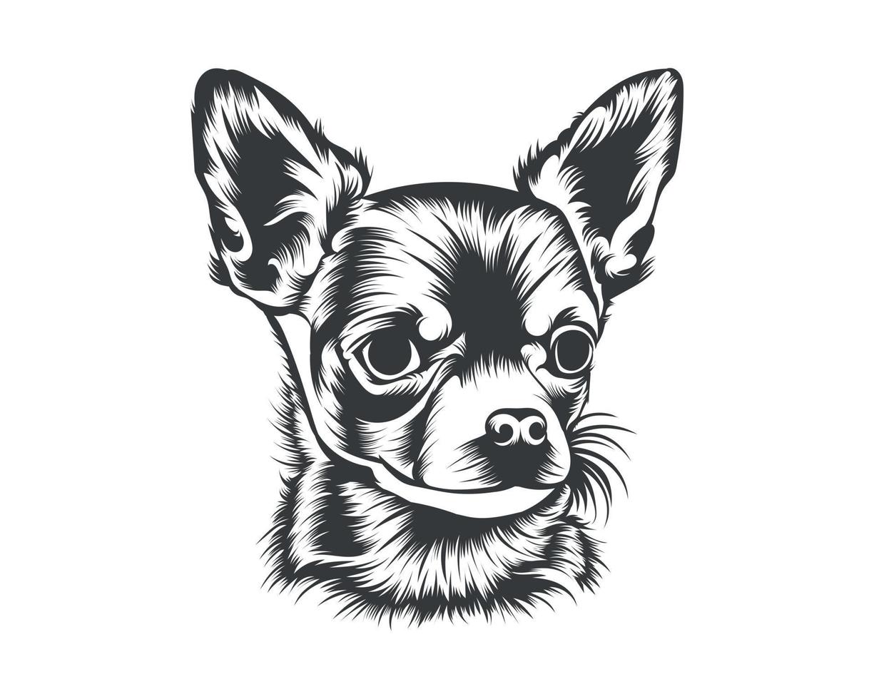 chihuahua hond terug en wit vector silhouet, hond gezicht illustratie