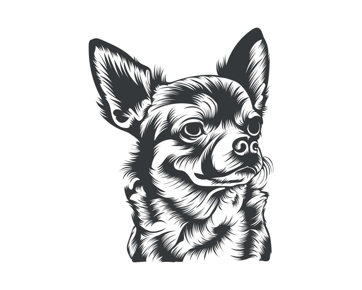 chihuahua hond terug en wit vector silhouet, hond gezicht illustratie