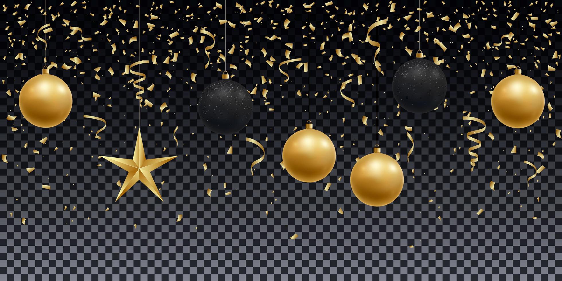 realistische glanzende gouden en zwarte ballen, ster en confetti vector