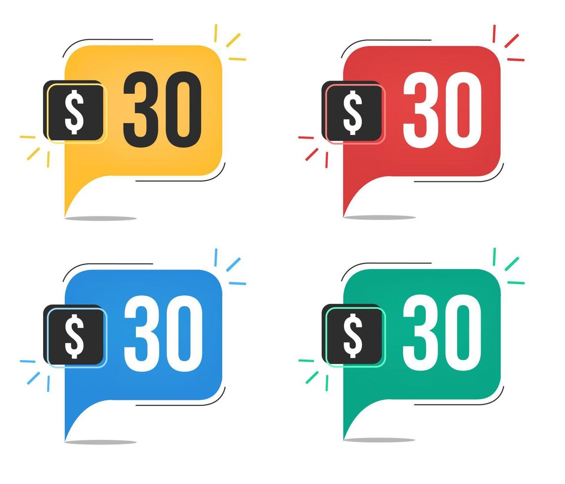 30 dollar prijs. geel, rood, blauw en groen valuta labels. ballon concept met dertig dollars voor verkoop. vector
