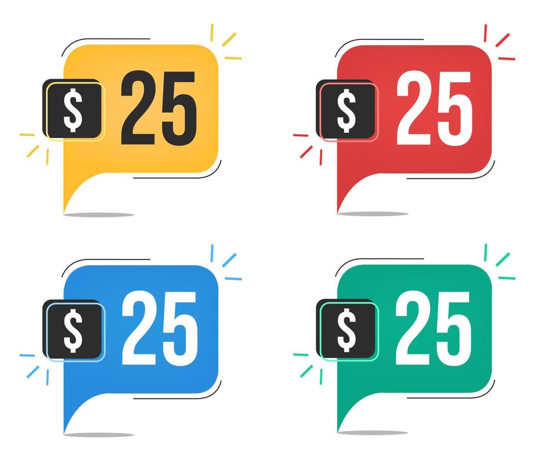 25 dollar prijs. geel, rood, blauw en groen valuta labels. ballon concept met vijfentwintig dollars voor verkoop. vector