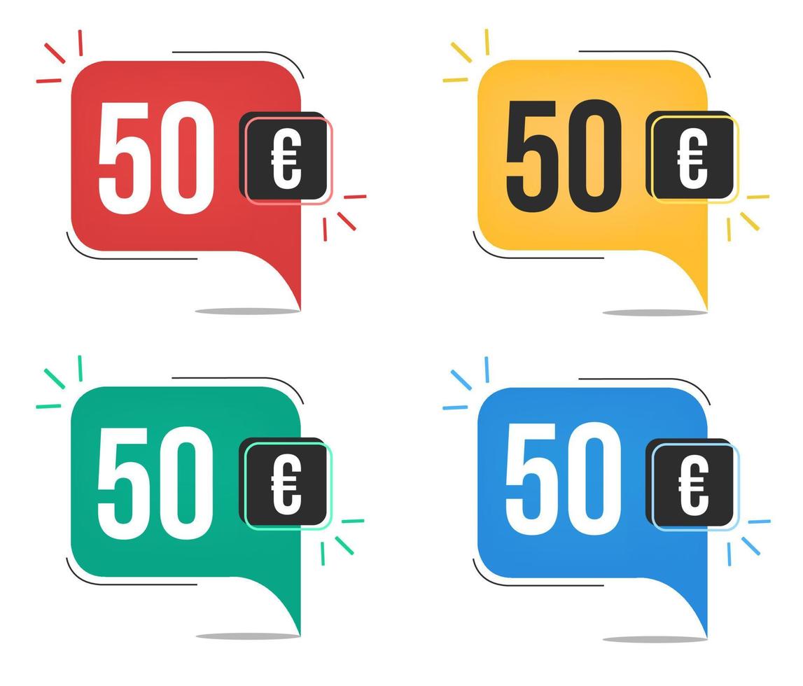 50 euro prijs. geel, rood, blauw en groen valuta labels. ballon concept met vijftig euro verkoop label. vector